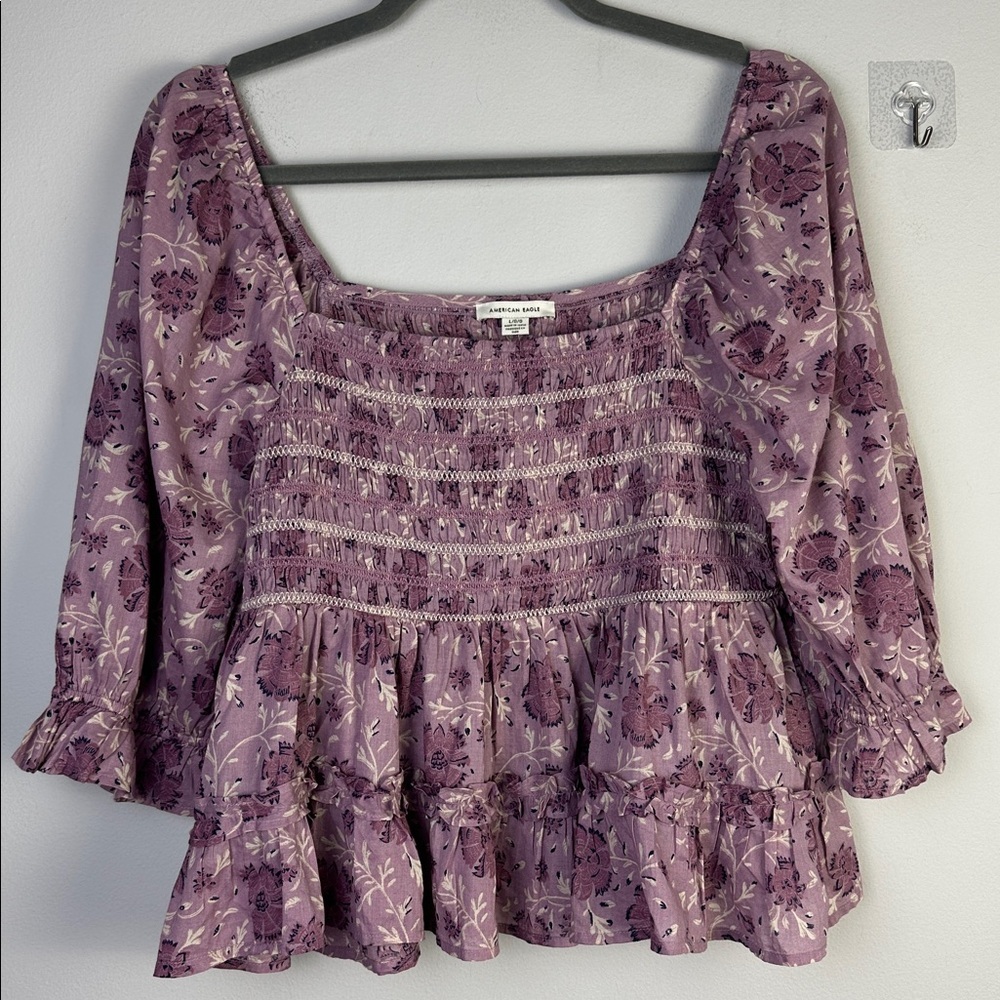 NEW American Eagle Smocked Peplum Purple Floral Ruffle Top Square Neck Large NWT - Picture 2 of 16